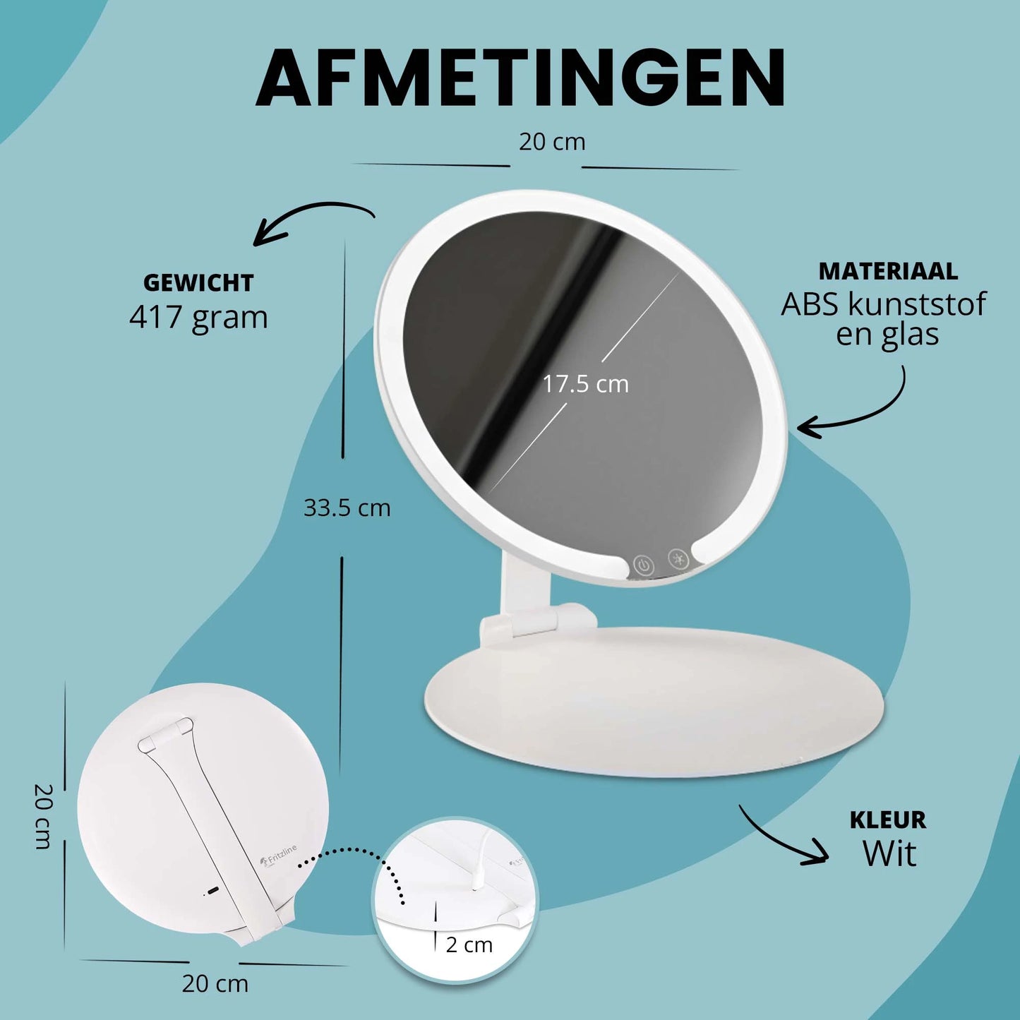 Spiegel rond, staand en uitklapbaar met LED Verlichting