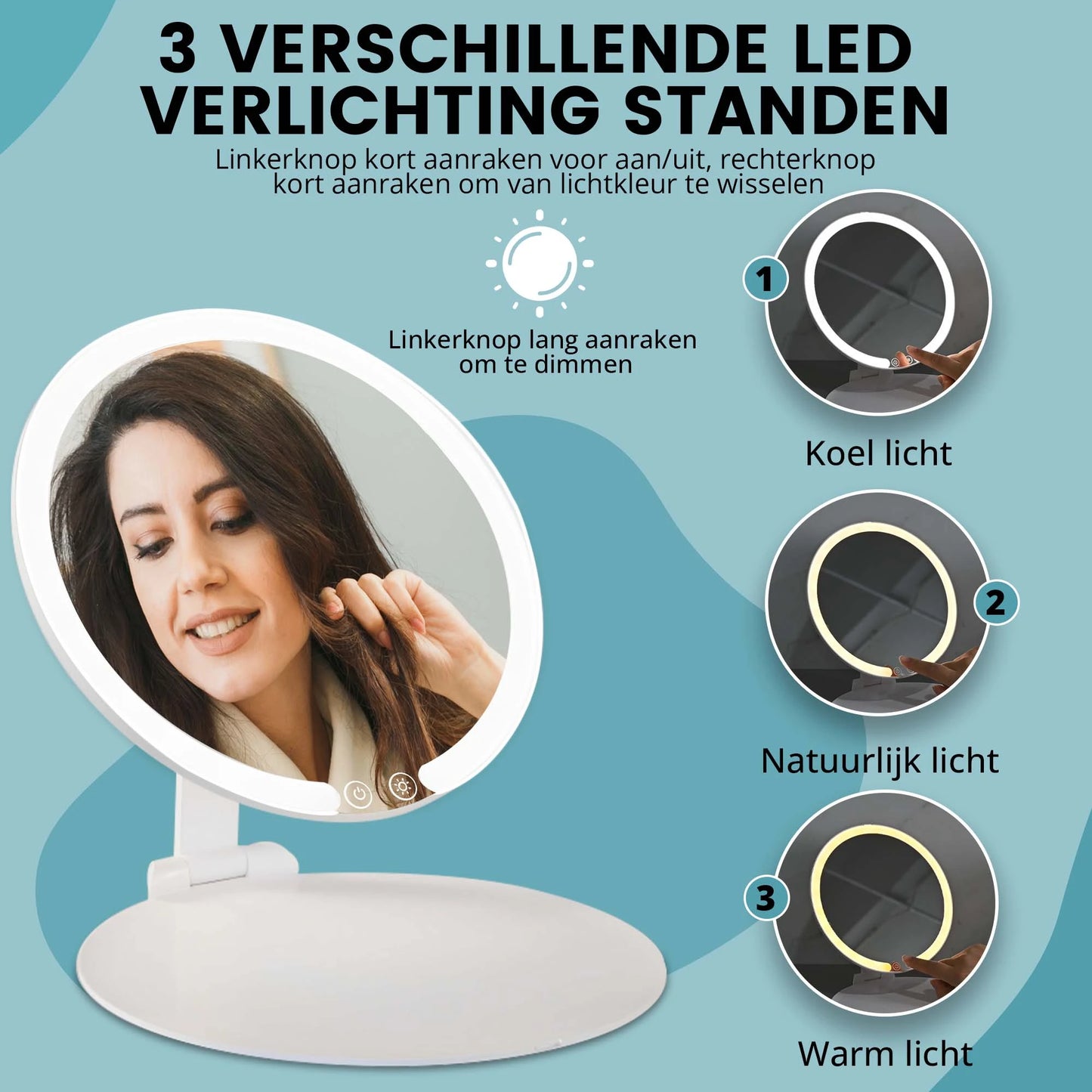 Spiegel rond, staand en uitklapbaar met LED Verlichting