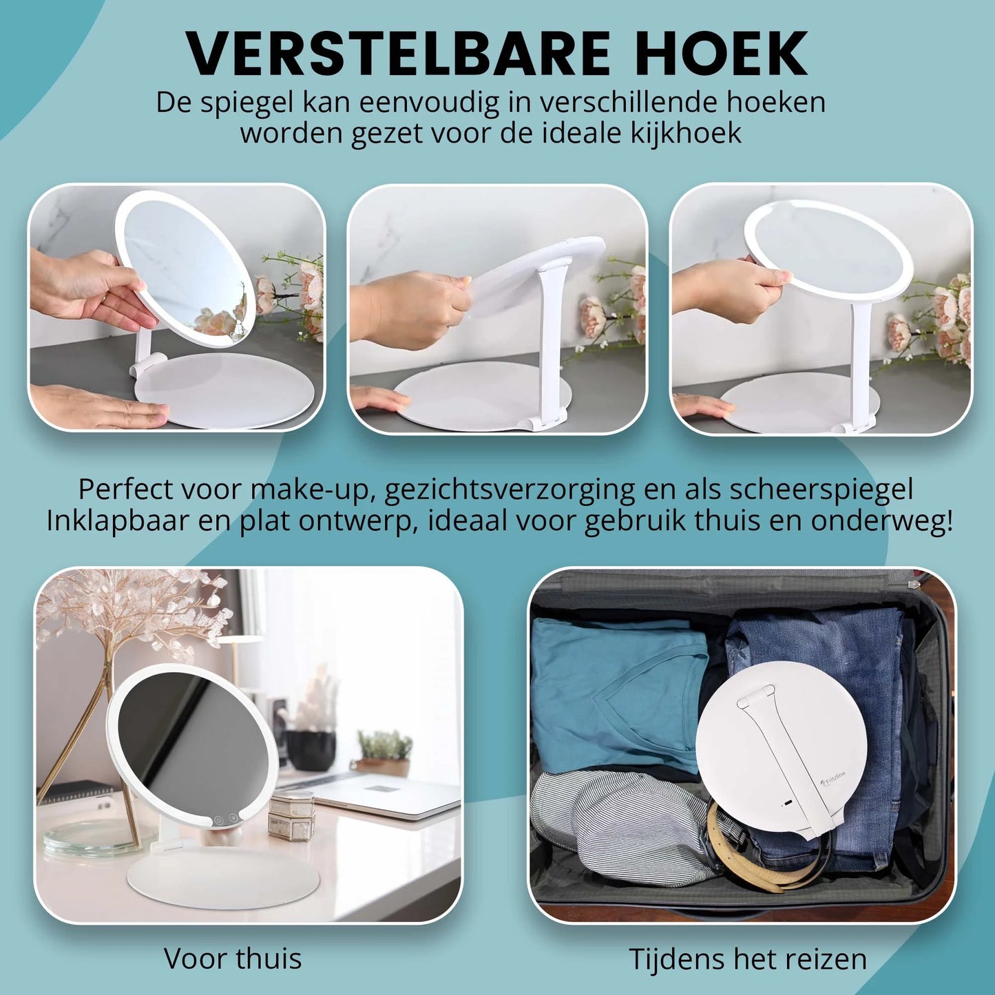 Spiegel rond, staand en uitklapbaar met LED Verlichting