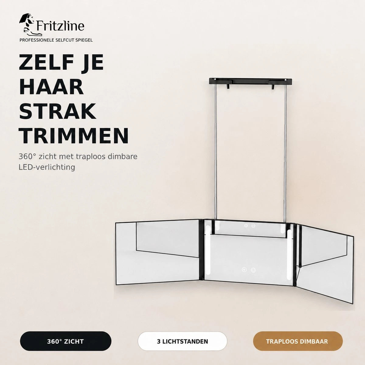Fritzline 360° Selfcut Spiegel met Dimbare LED – Drieluik Kappersspiegel