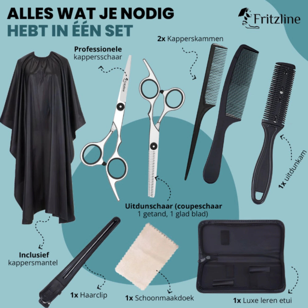 Productafbeelding van de Fritzline 9-delige kappersset met knipschaar en uitdunschaar