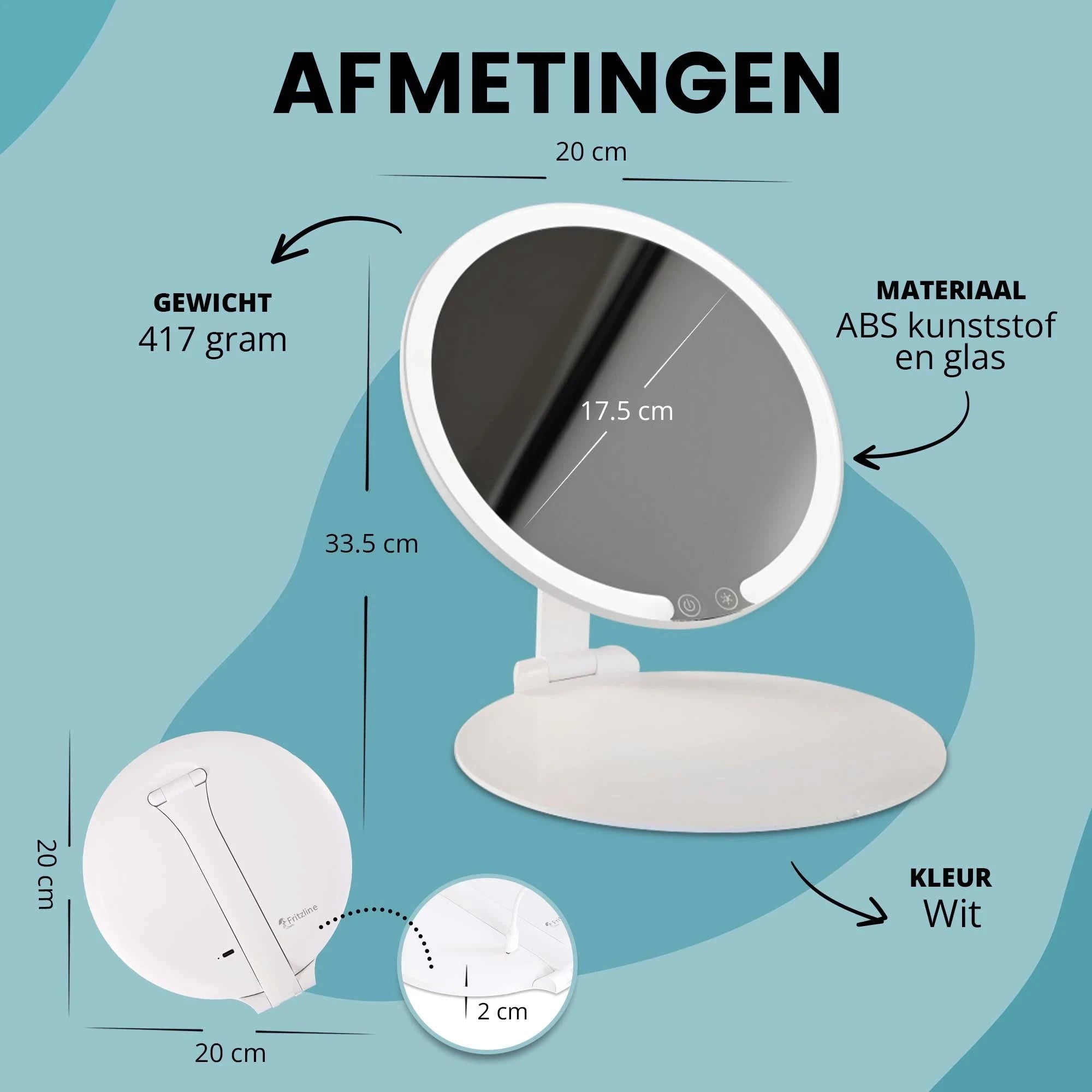 Spiegel rond, staand en uitklapbaar met LED Verlichting Fritzline