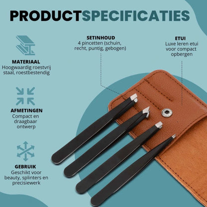 Fritzline 4 delige Luxe Pincet Set met Leren Etui - Epileer Pincetten - Tweezer - Wenkbrauw - Ontharen - Epileren - Ontharing Fritzline
