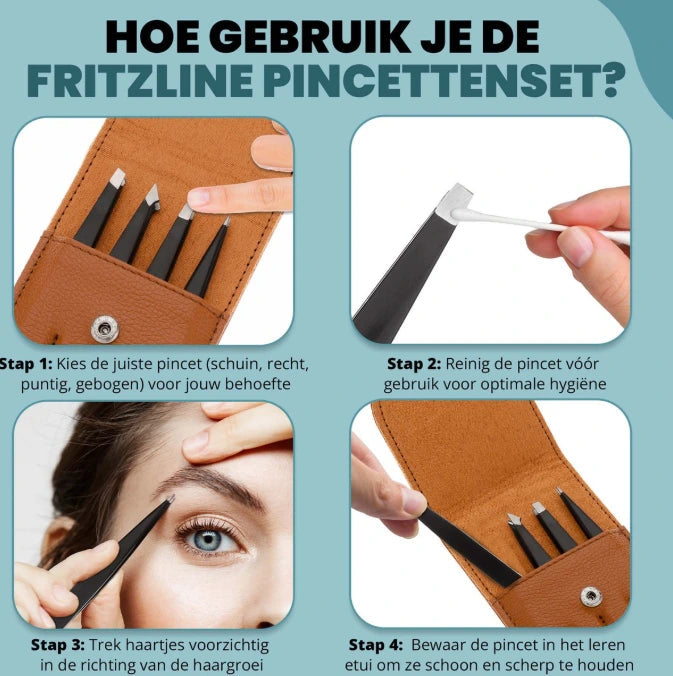 Fritzline 4 delige Luxe Pincet Set met Leren Etui - Epileer Pincetten - Tweezer - Wenkbrauw - Ontharen - Epileren - Ontharing Fritzline