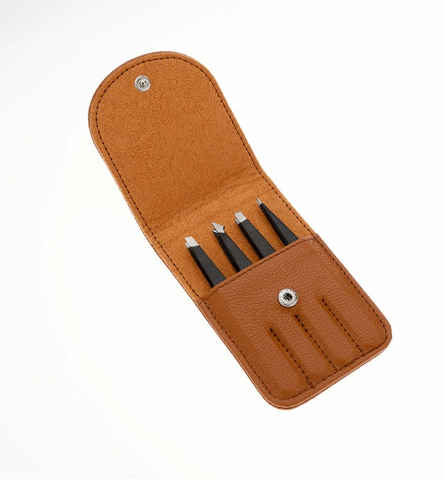 Fritzline 4 delige Luxe Pincet Set met Leren Etui - Epileer Pincetten - Tweezer - Wenkbrauw - Ontharen - Epileren - Ontharing Fritzline