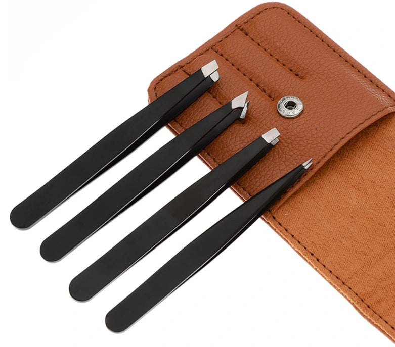 Fritzline 4 delige Luxe Pincet Set met Leren Etui - Epileer Pincetten - Tweezer - Wenkbrauw - Ontharen - Epileren - Ontharing Fritzline
