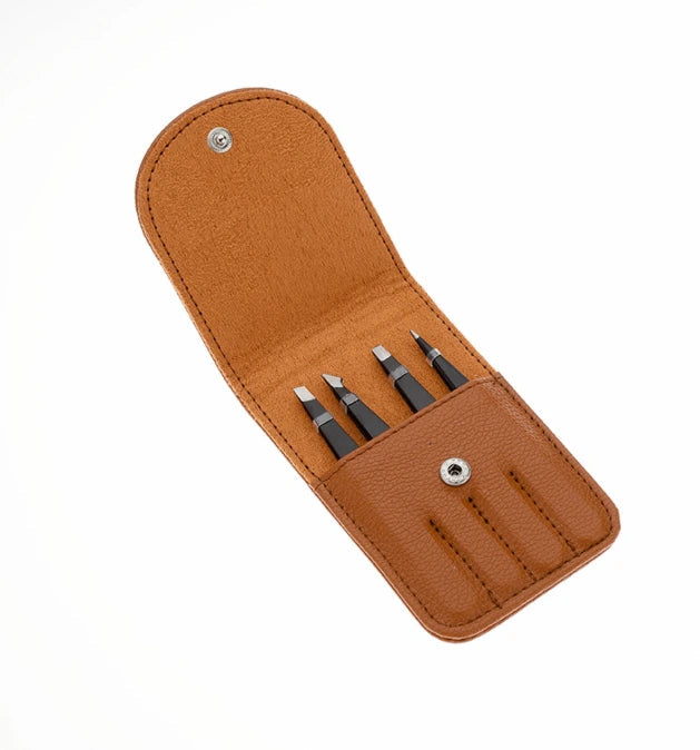 Fritzline 4 delige Luxe Pincet Set met Leren Etui - Epileer Pincetten - Tweezer - Wenkbrauw - Ontharen - Epileren - Ontharing Fritzline