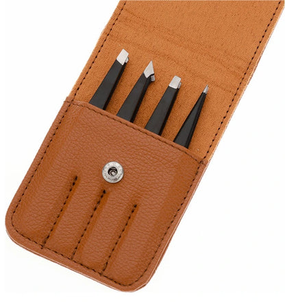 Fritzline 4 delige Luxe Pincet Set met Leren Etui - Epileer Pincetten - Tweezer - Wenkbrauw - Ontharen - Epileren - Ontharing Fritzline
