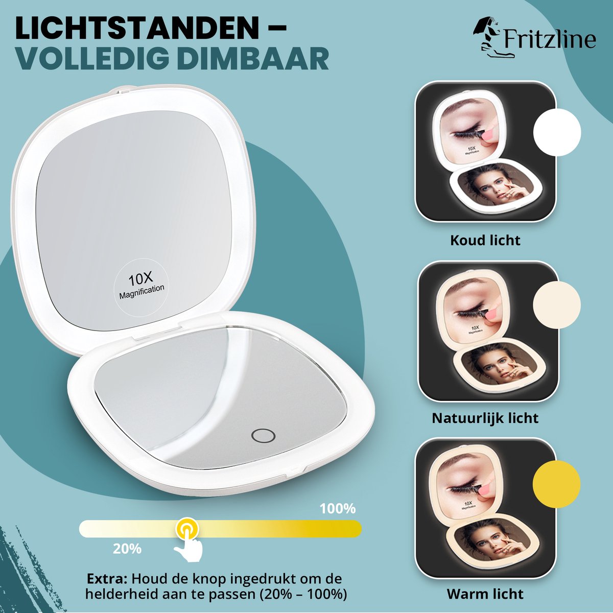 Make Up Spiegel 10x Vergroting - USB-C oplaadbaar Fritzline