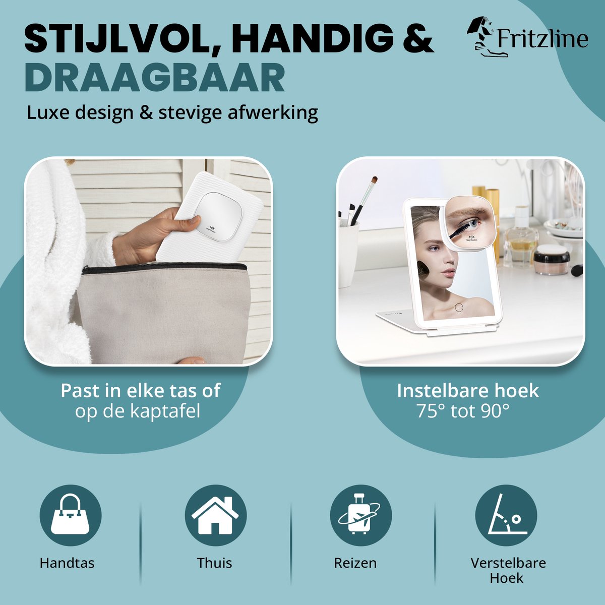 Fritzline Make Up Spiegel met Verlichting - 10x vergroting - Oplaadbaar - Dimbaar - Make-upspiegel - makeup spiegel Fritzline