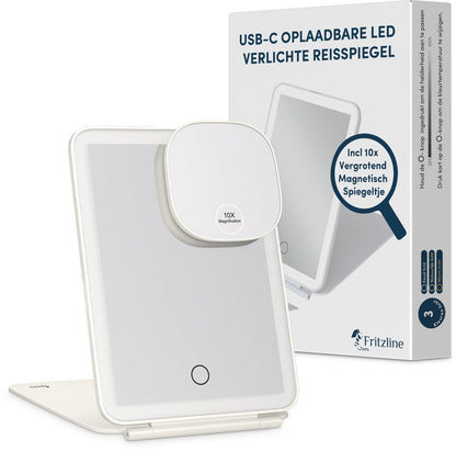 Fritzline Make Up Spiegel met Verlichting - 10x vergroting - Oplaadbaar - Dimbaar - Make-upspiegel - makeup spiegel Fritzline