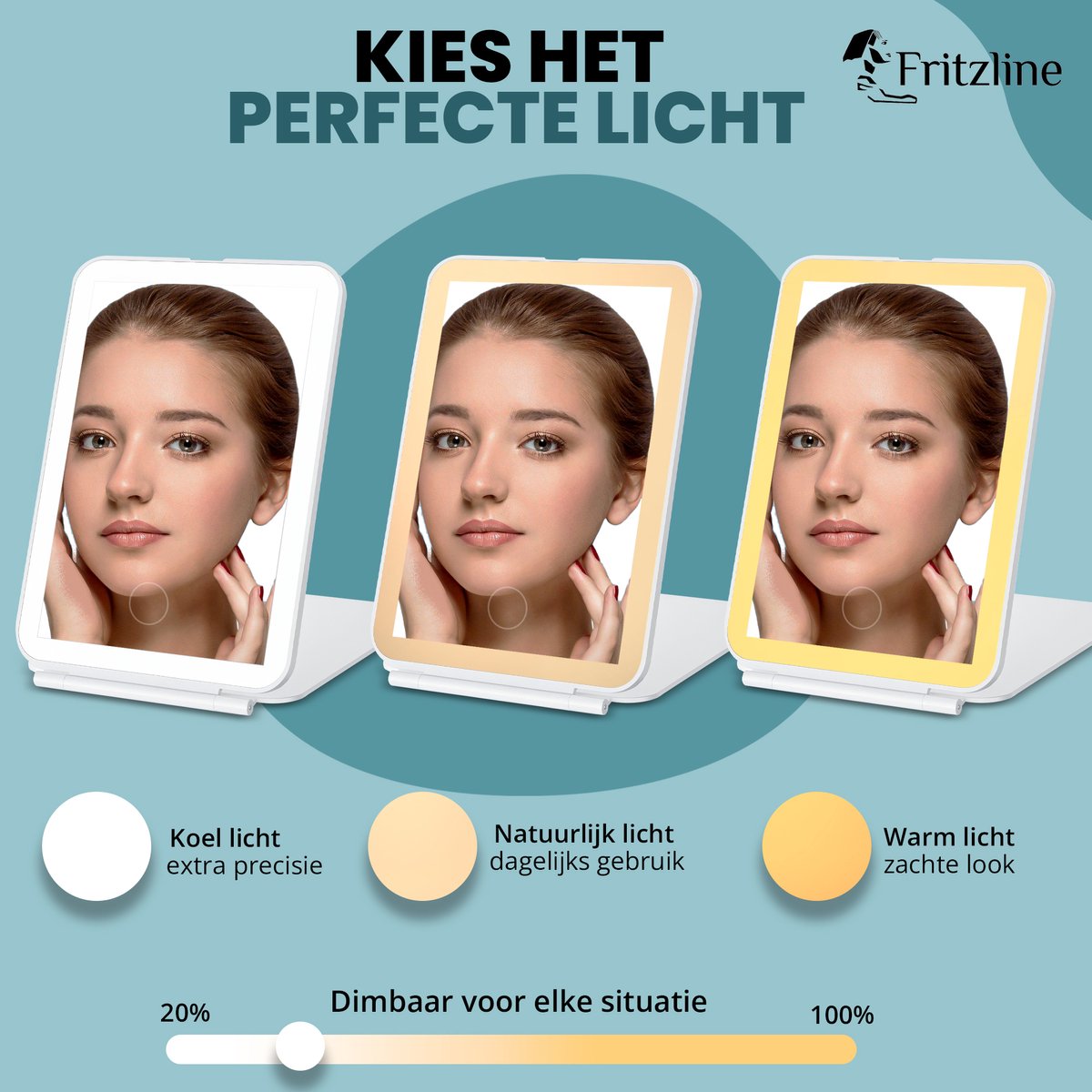 Fritzline Make Up Spiegel met Verlichting - 10x vergroting - Oplaadbaar - Dimbaar - Make-upspiegel - makeup spiegel Fritzline