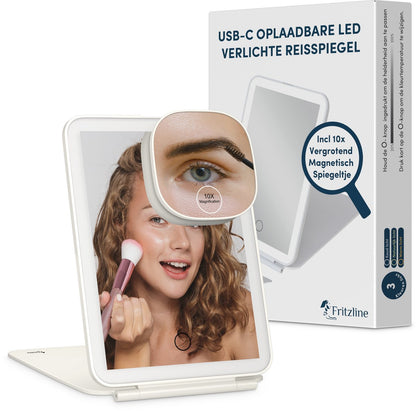 Fritzline Make Up Spiegel met Verlichting - 10x vergroting - Oplaadbaar - Dimbaar - Make-upspiegel - makeup spiegel Fritzline